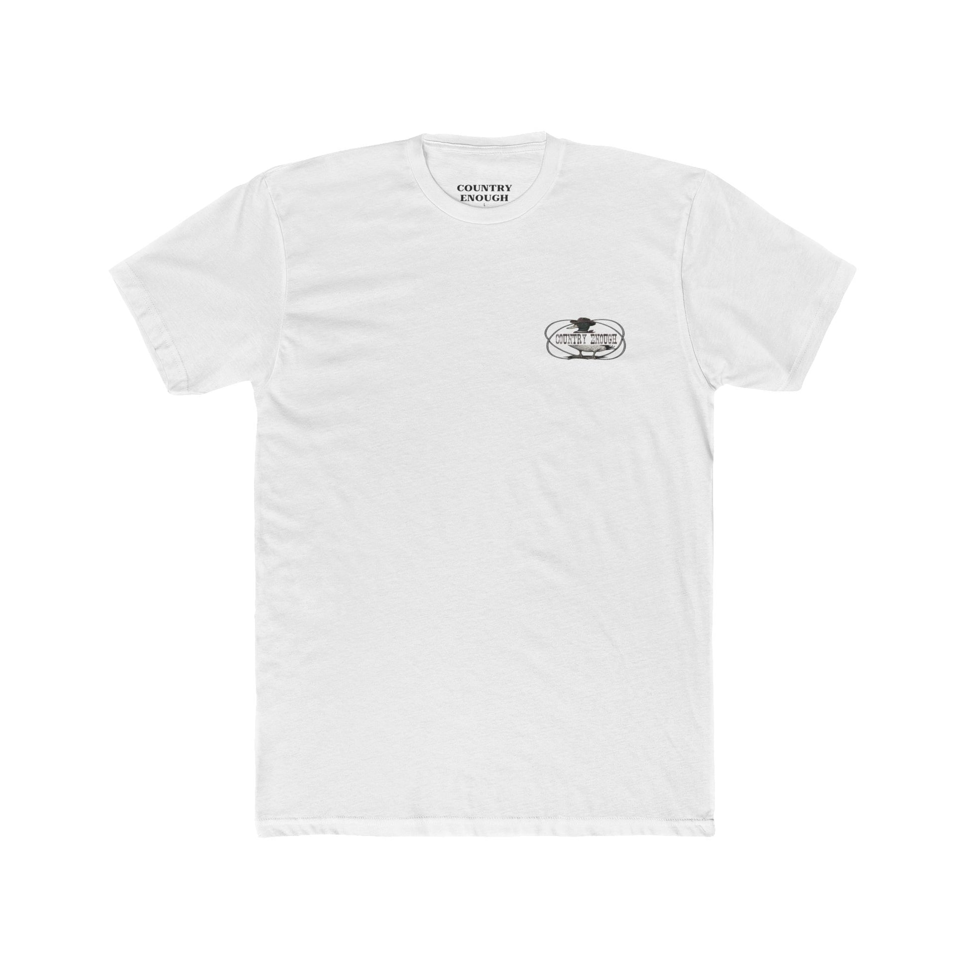 White t-shirt with a graphic of a duck wearing a cowboy hat and bandana with rope border and the words you missed #white