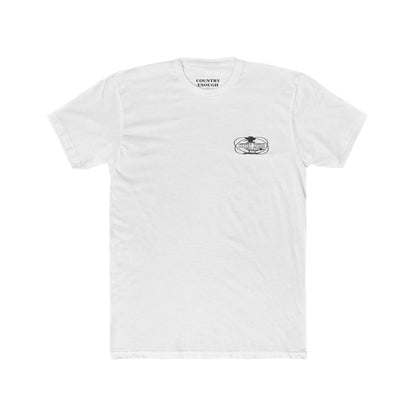 White t-shirt with a graphic of a duck wearing a cowboy hat and bandana with rope border and the words you missed #white