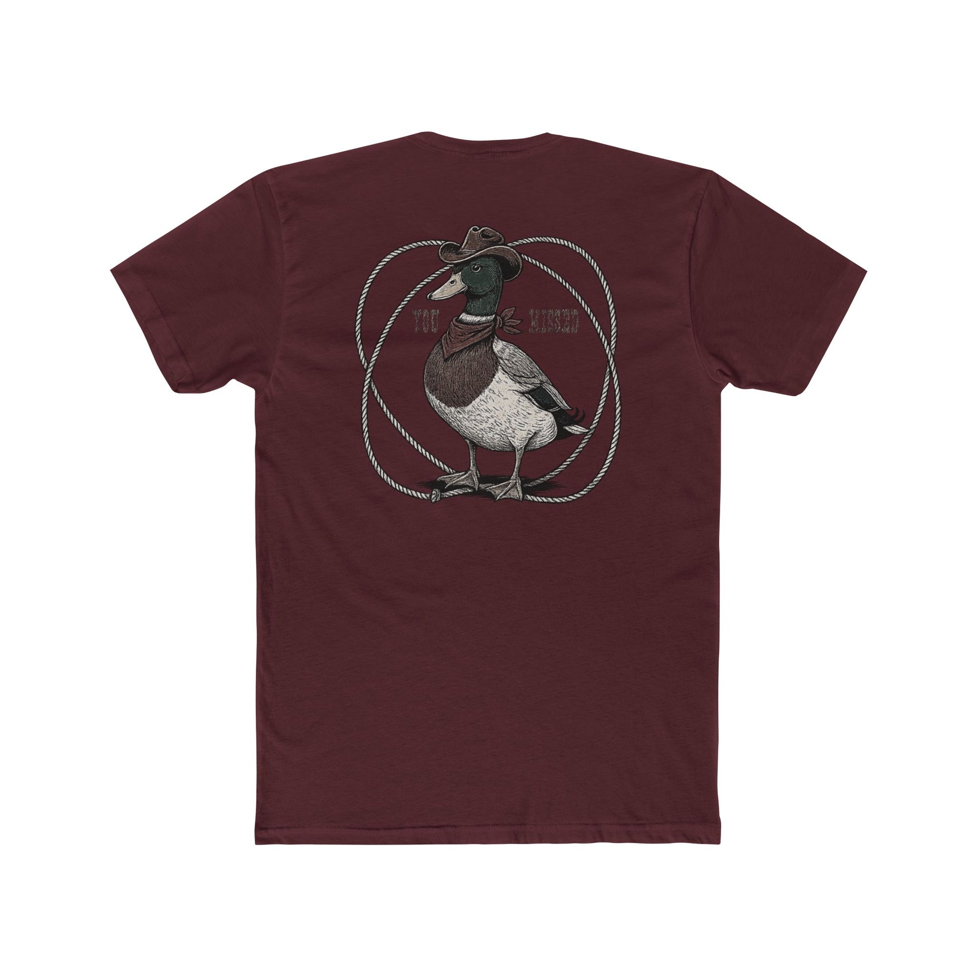 Cardinal Red t-shirt with a graphic of a duck wearing a cowboy hat and bandana with rope border and the words you missed #cardinalred
