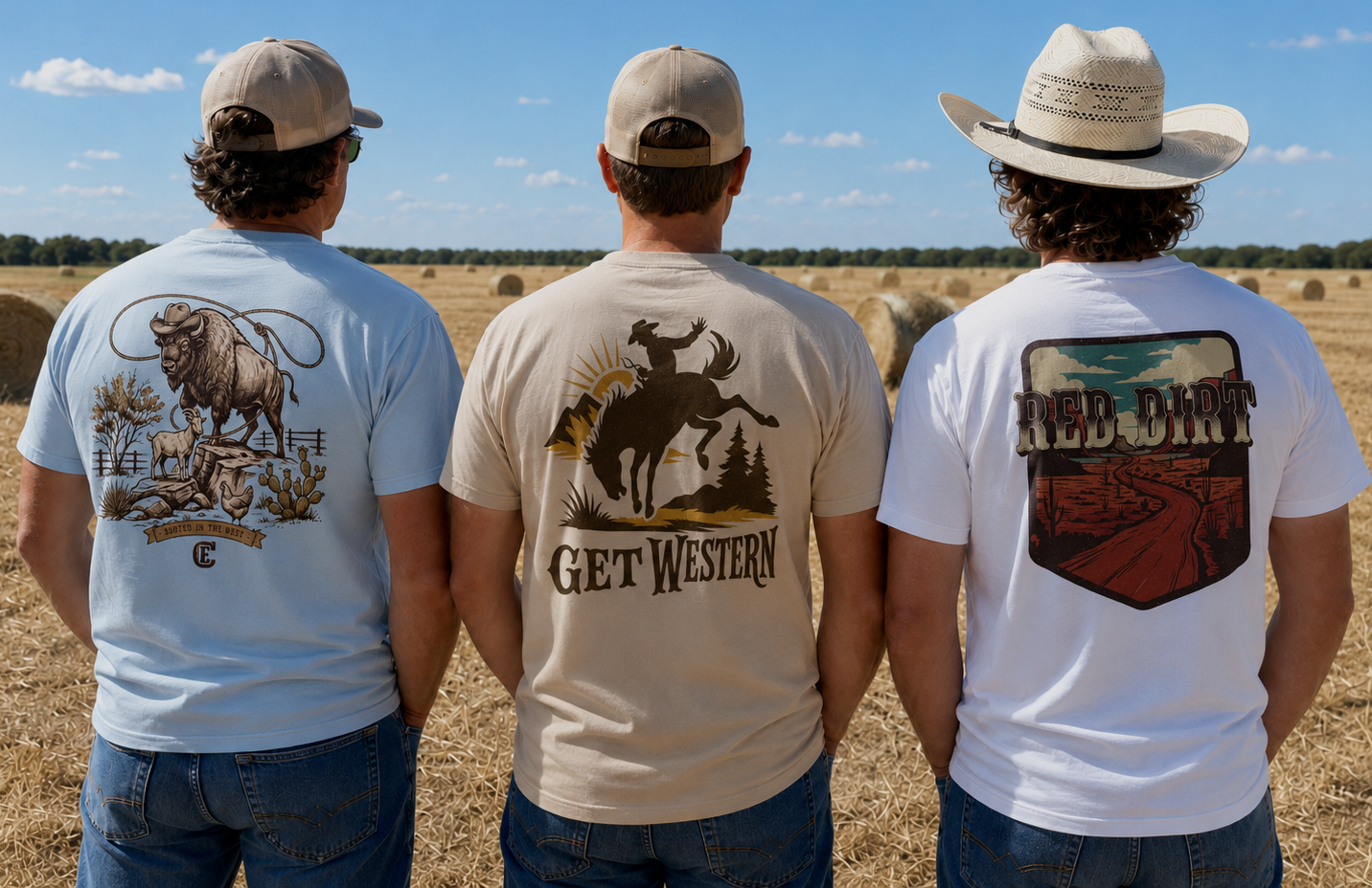 Three men wearing t-shirts from Country Enough western apparel with western-themed designs in a field.