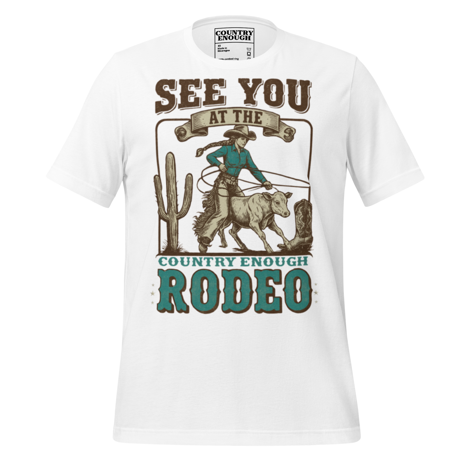 White t-shirt with graphic of cowgirl, calf, cactus, cowboy boot, and words see you at the rodeo #white