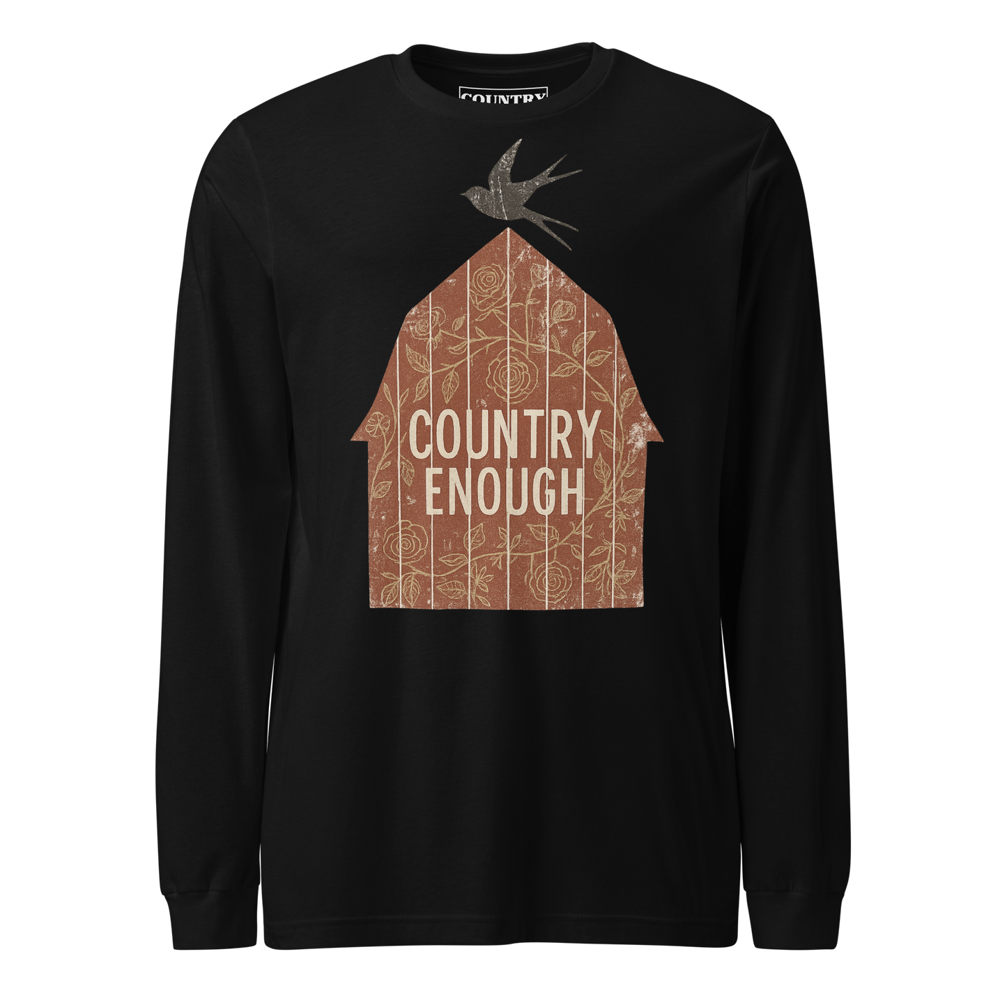 Black long sleeve shirt with barn graphic, bird, and country enough text #black