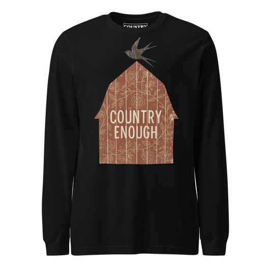 Black long sleeve shirt with barn graphic, bird, and country enough text #black