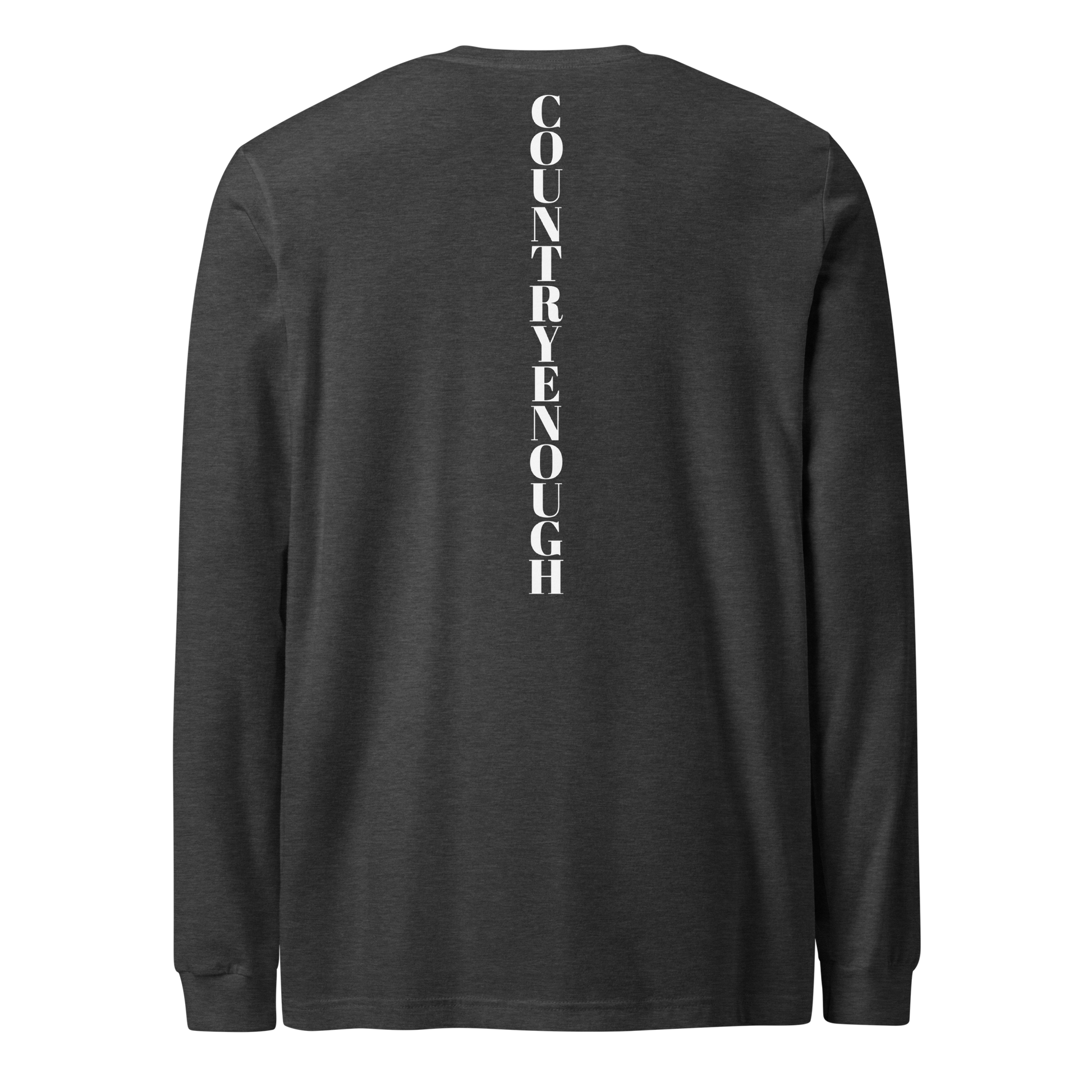 Dark Grey Heather t-shirt with words country enough on the front and down the spine on the back #darkgreyheather