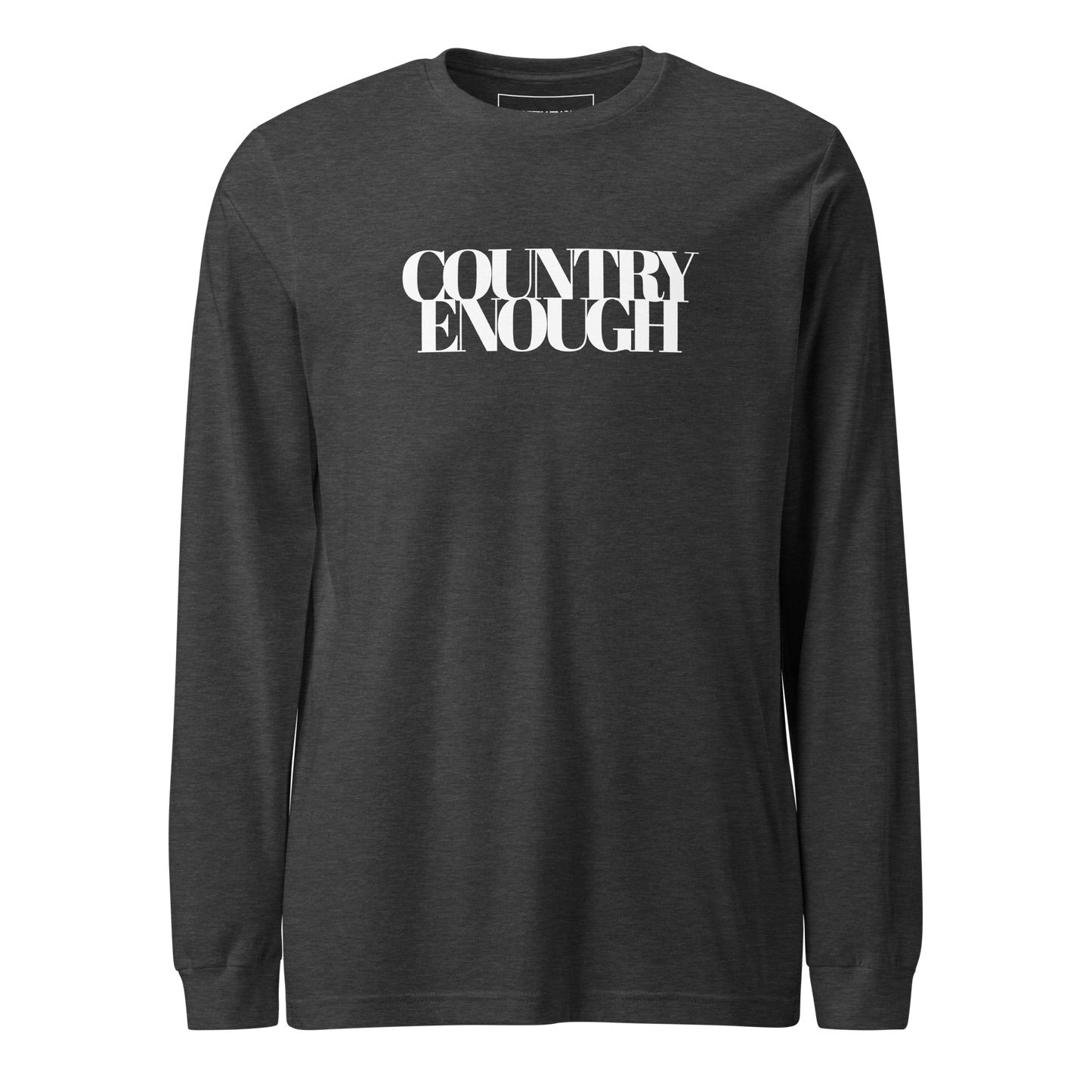 Dark Grey Heather t-shirt with words country enough on the front and down the spine on the back #darkgreyheather
