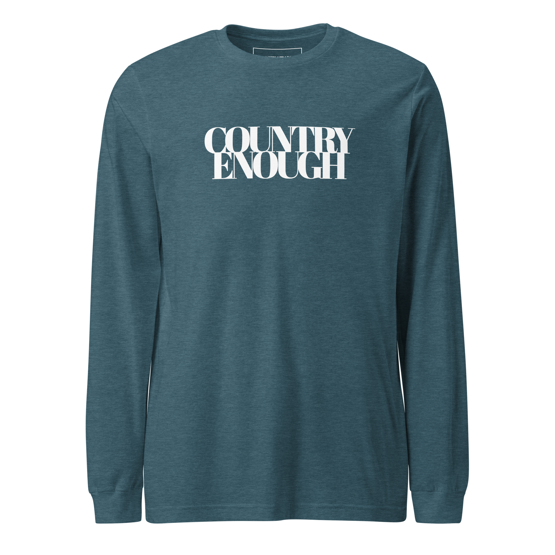 Heather Deep Teal t-shirt with words country enough on the front and down the spine on the back #heatherdeepteal
