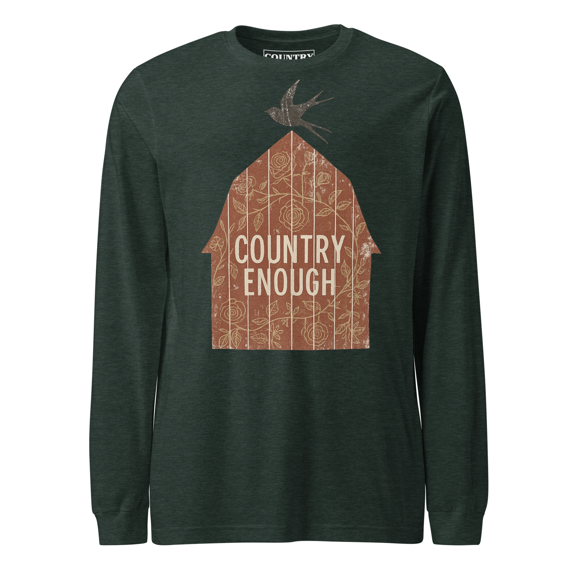 Heather Forest long sleeve shirt with barn graphic, bird, and country enough text #heatherforest