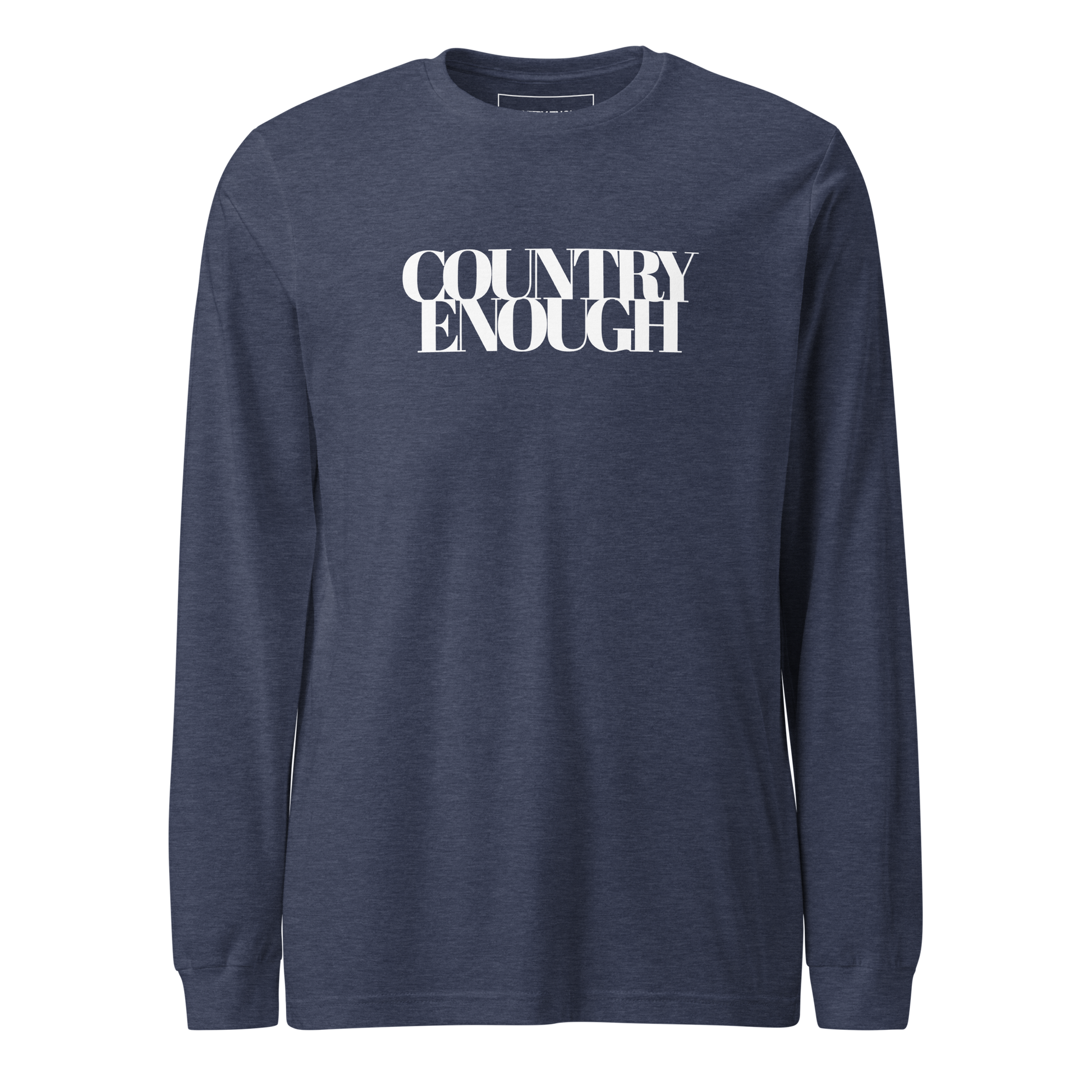 Heather Navy t-shirt with words country enough on the front and down the spine on the back #heathernavy