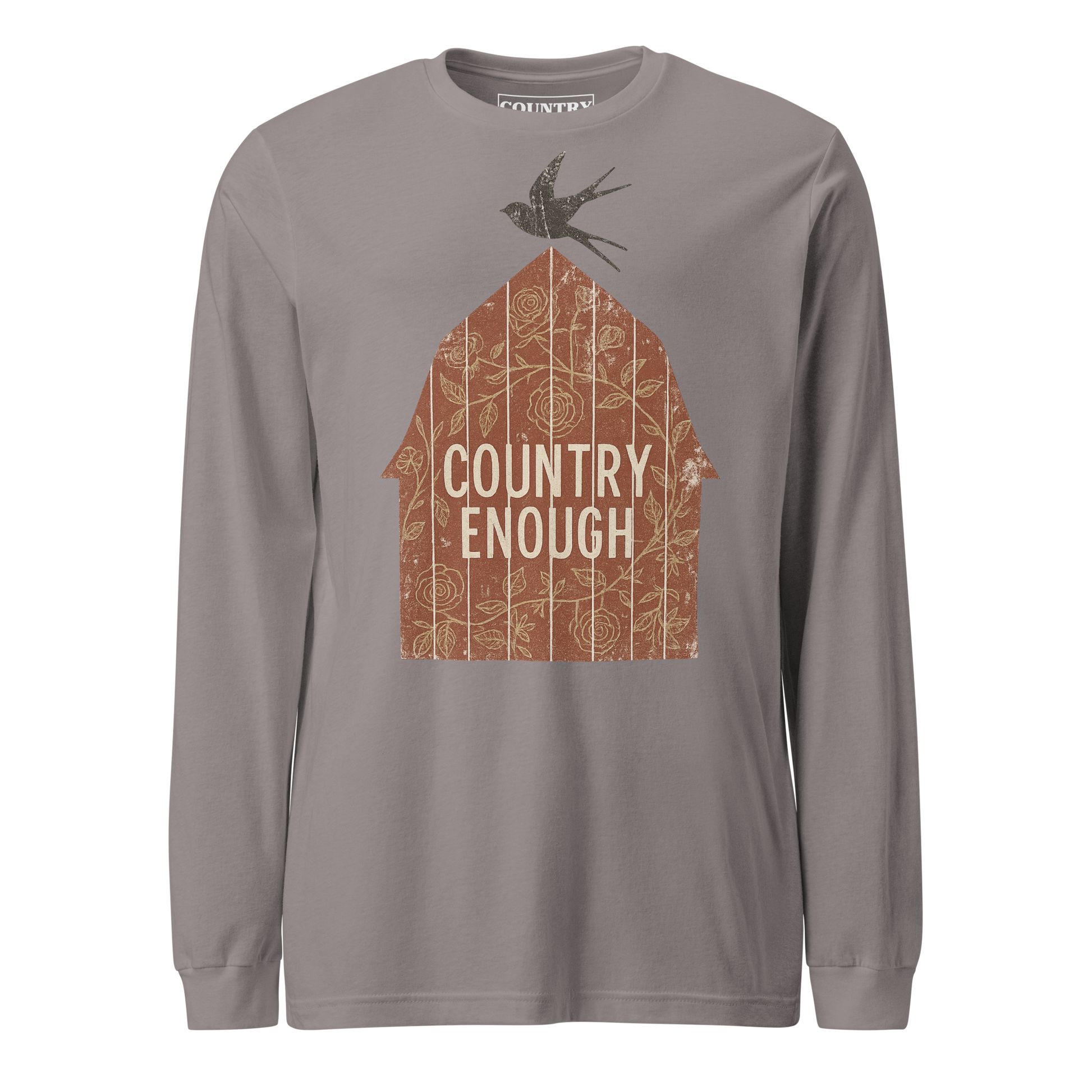 Gray long sleeve shirt with barn graphic, bird, and country enough text #gray