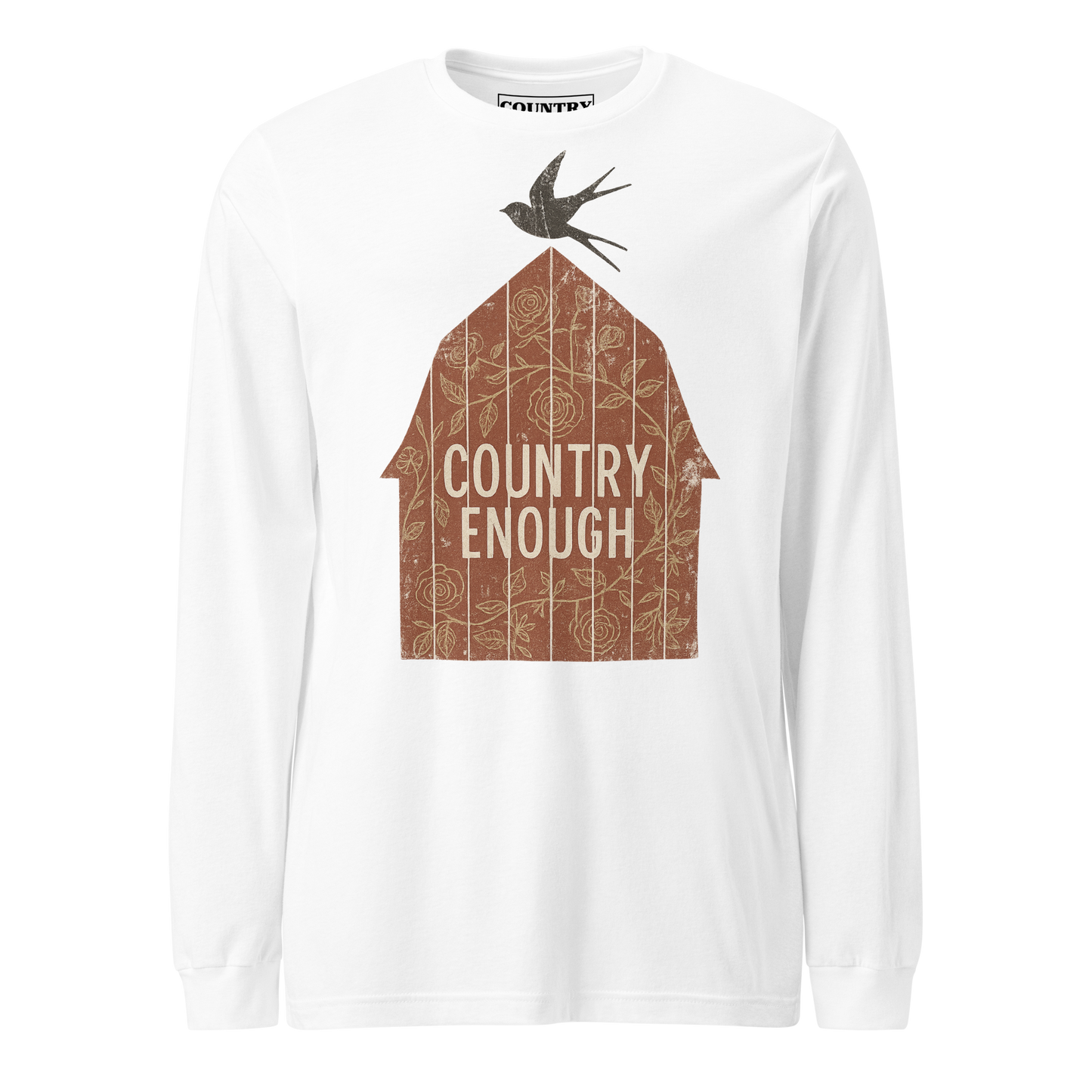 White long sleeve shirt with barn graphic, bird, and country enough text #white