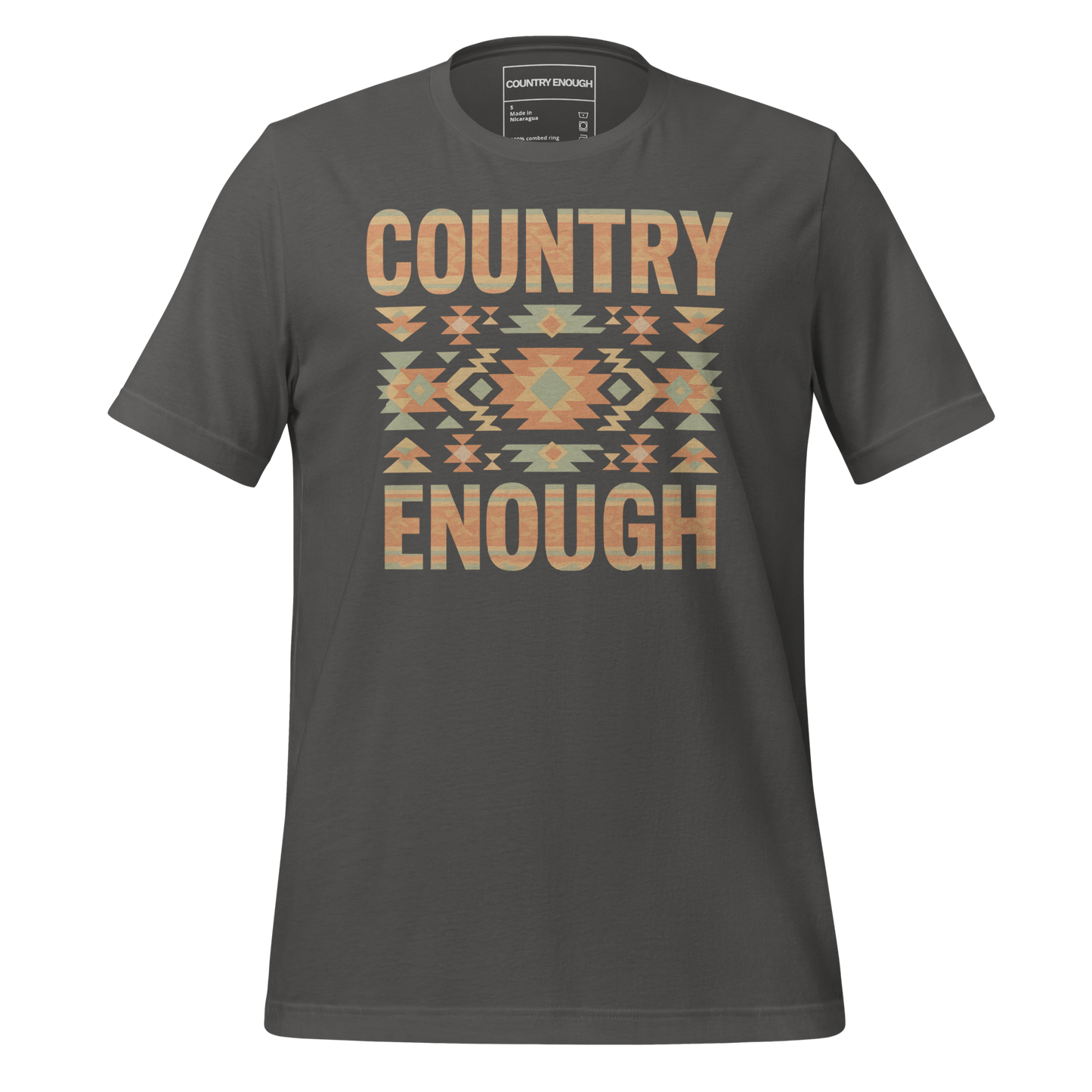 Asphalt t-shirt with a stand alone aztec pattern and the pattern used as the color for the words country enough #asphalt