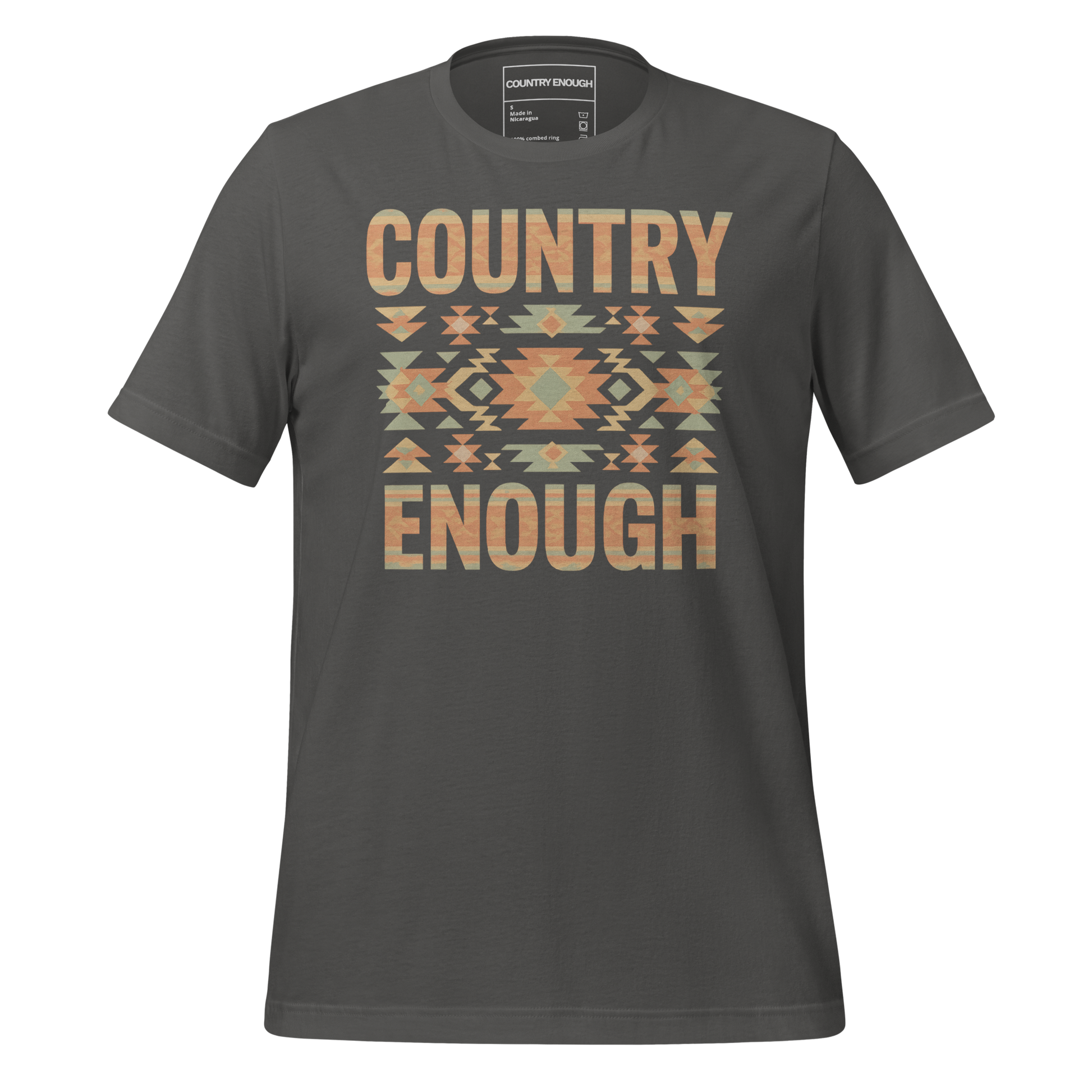 Asphalt t-shirt with a stand alone aztec pattern and the pattern used as the color for the words country enough #asphalt