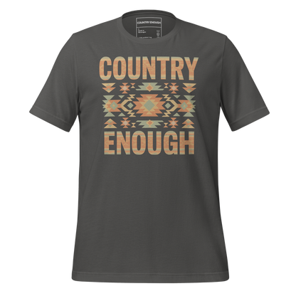 Asphalt t-shirt with a stand alone aztec pattern and the pattern used as the color for the words country enough #asphalt