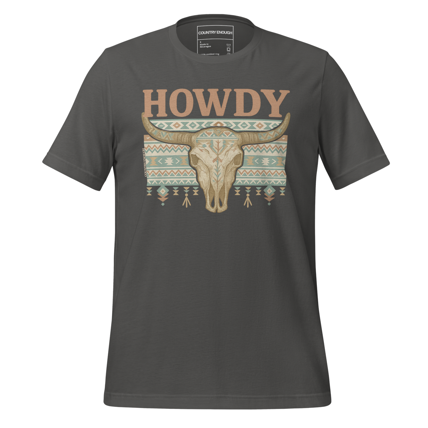 Asphalt t-shirt with graphic of bull skull, aztec pattern, and words howdy across the top #asphalt