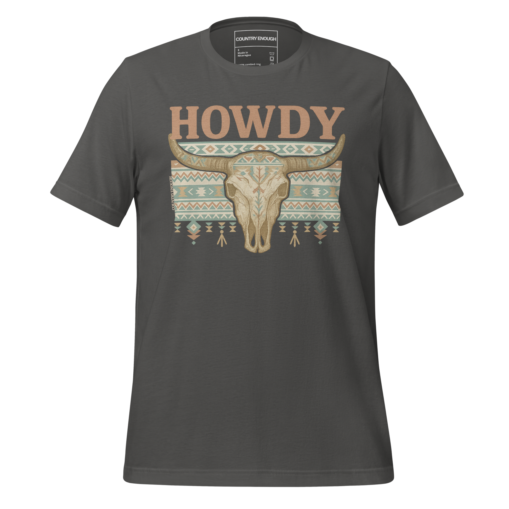 Asphalt t-shirt with graphic of bull skull, aztec pattern, and words howdy across the top #asphalt