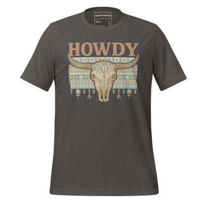 Asphalt t-shirt with graphic of bull skull, aztec pattern, and words howdy across the top #asphalt