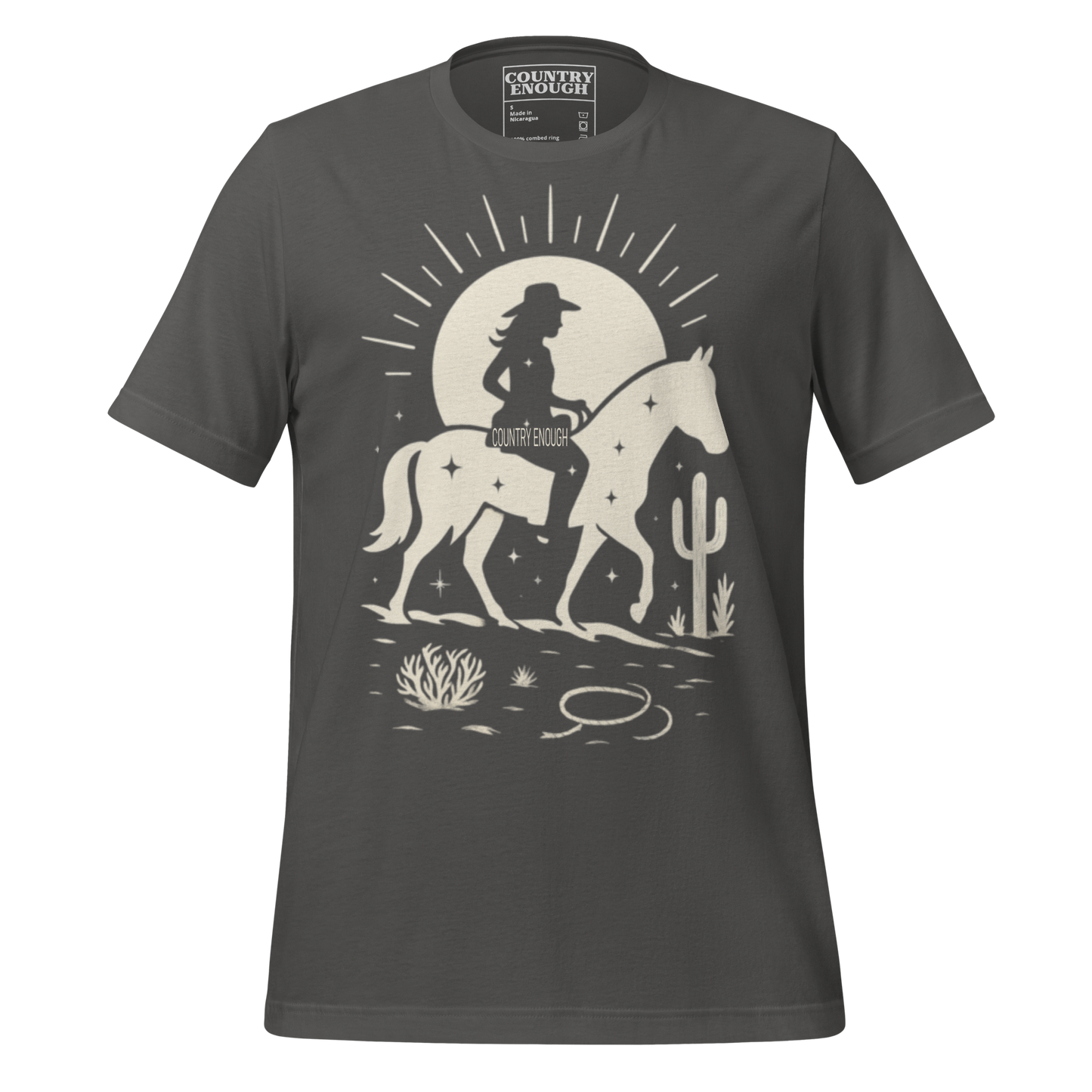 Asphalt t-shirt with sun, horse, cowgirl, and desert landscape in monochrome graphic #asphalt