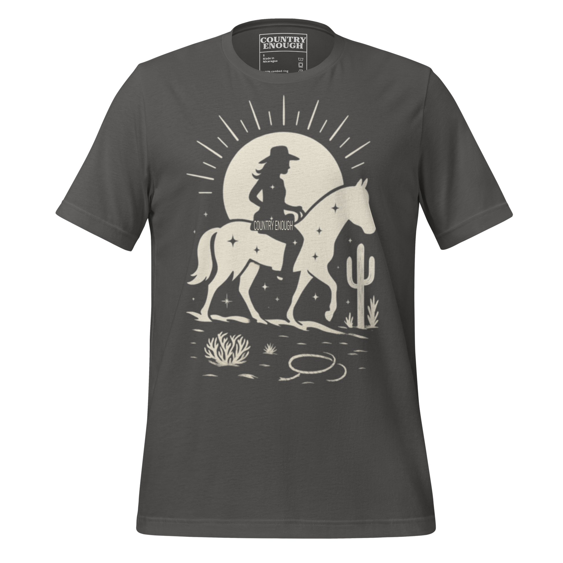 Asphalt t-shirt with sun, horse, cowgirl, and desert landscape in monochrome graphic #asphalt