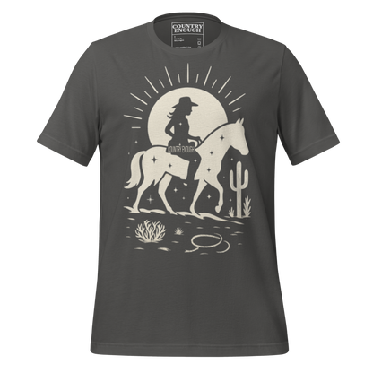 Asphalt t-shirt with sun, horse, cowgirl, and desert landscape in monochrome graphic #asphalt