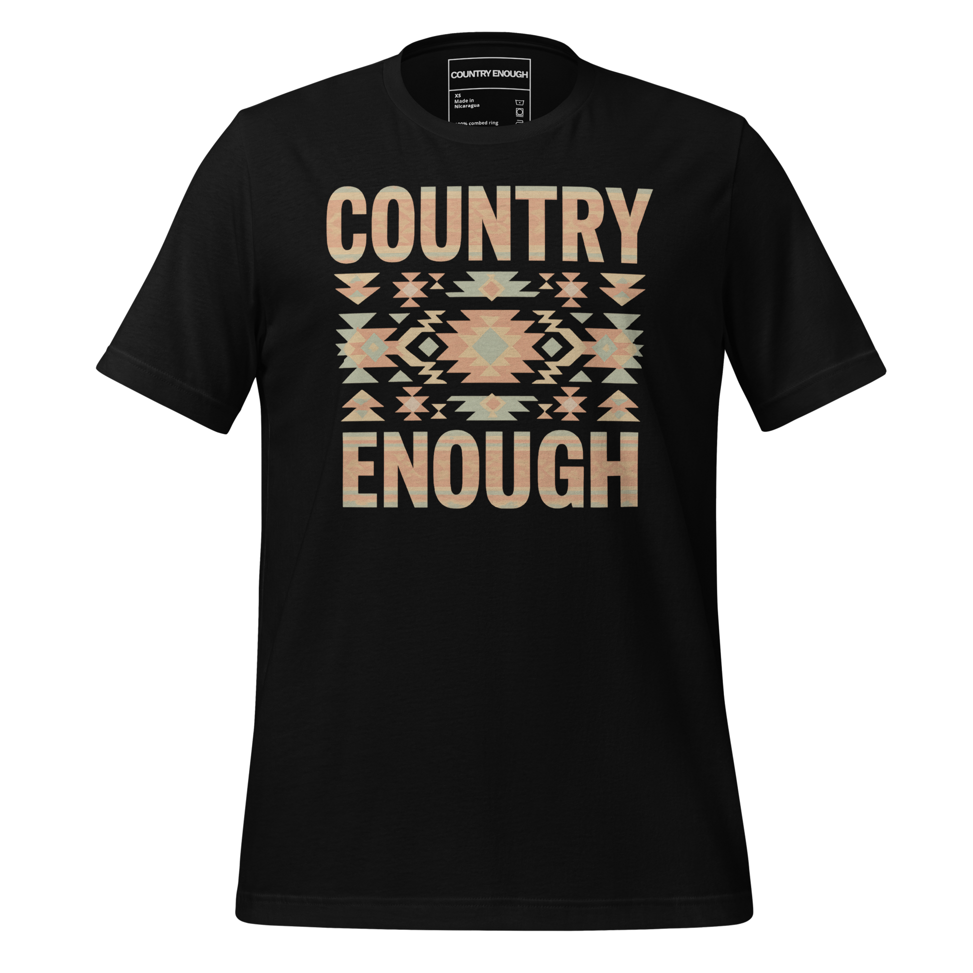Black t-shirt with a stand alone aztec pattern and the pattern used as the color for the words country enough #black