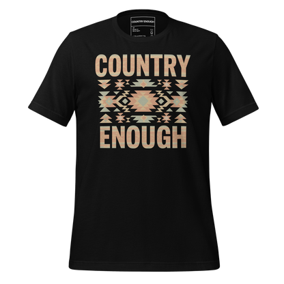 Black t-shirt with a stand alone aztec pattern and the pattern used as the color for the words country enough #black