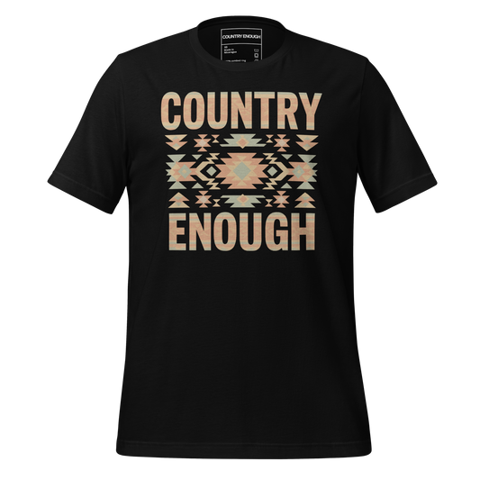 Black t-shirt with a stand alone aztec pattern and the pattern used as the color for the words country enough #black