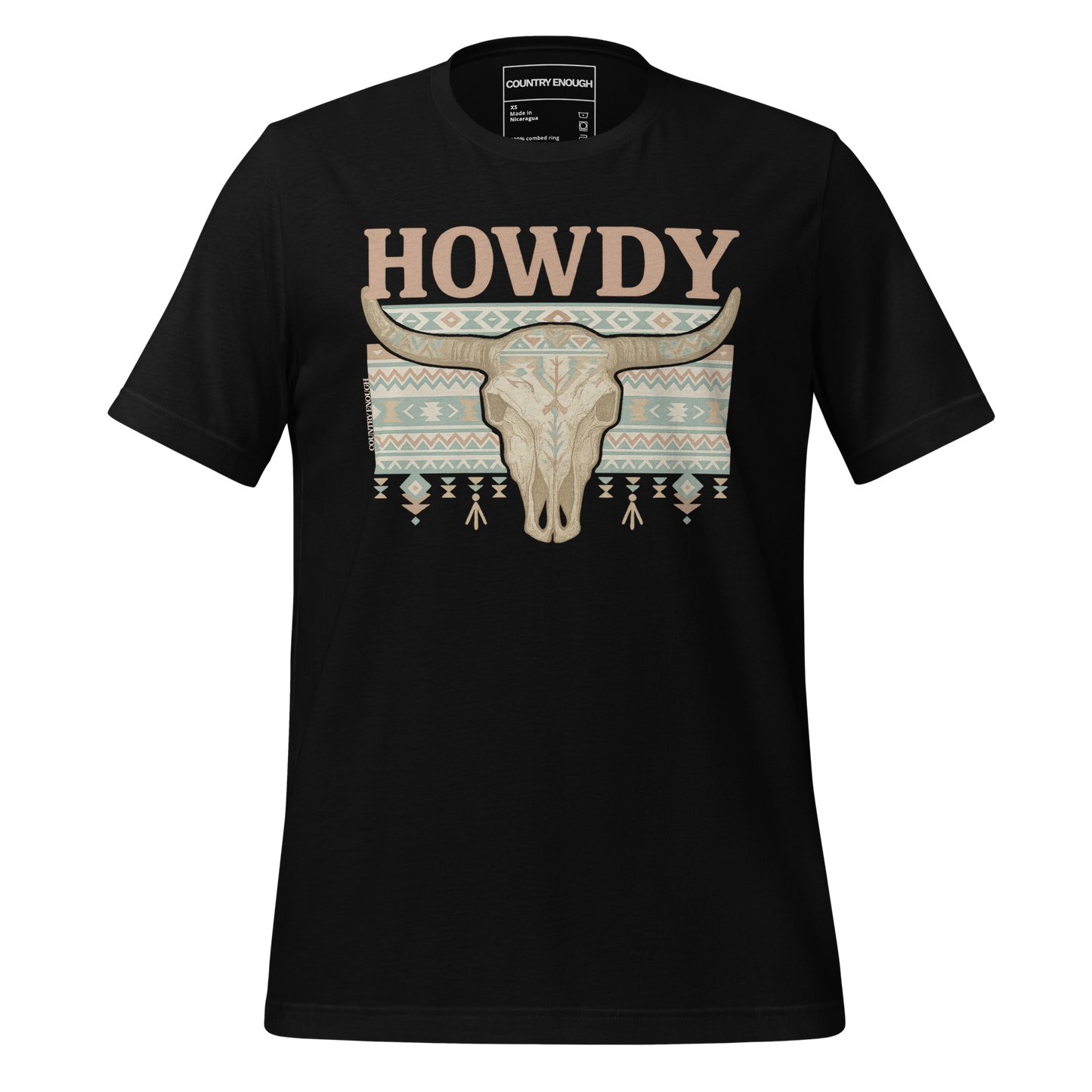 Black t-shirt with graphic of bull skull, aztec pattern, and words howdy across the top #black