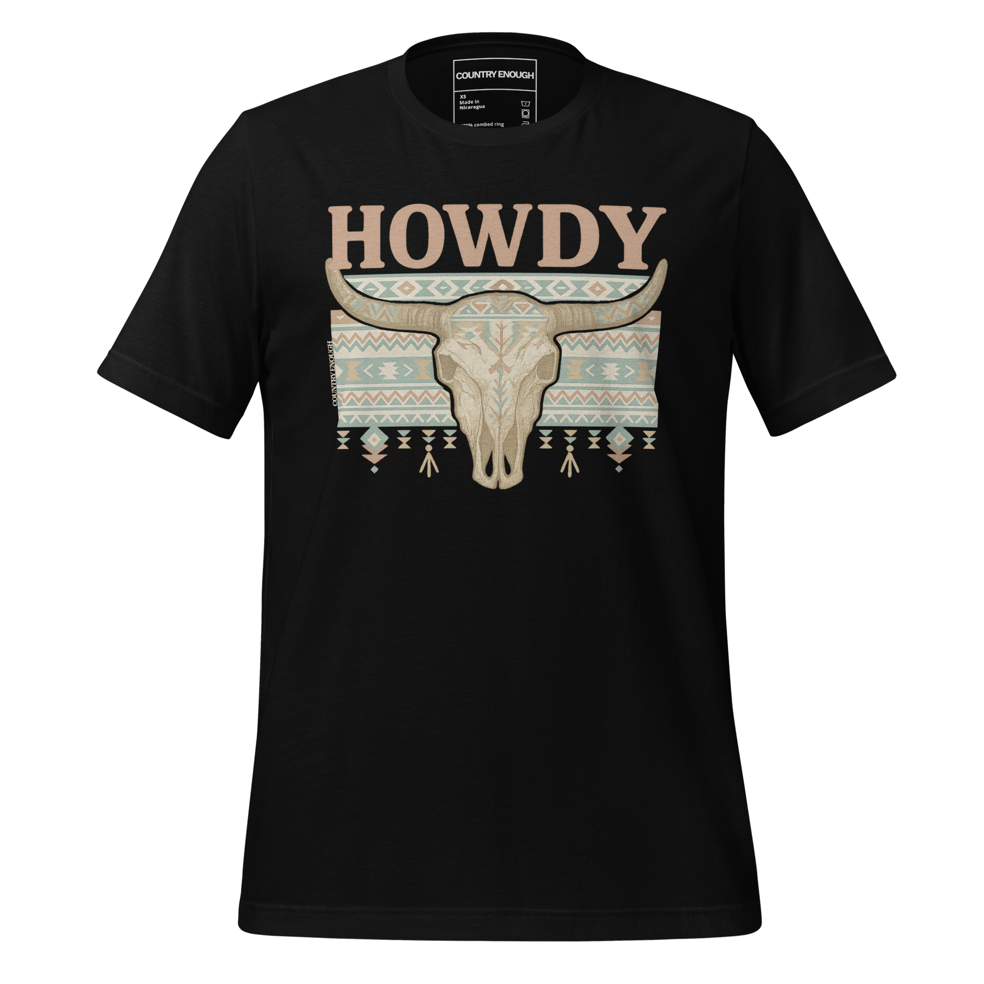 Black t-shirt with graphic of bull skull, aztec pattern, and words howdy across the top #black