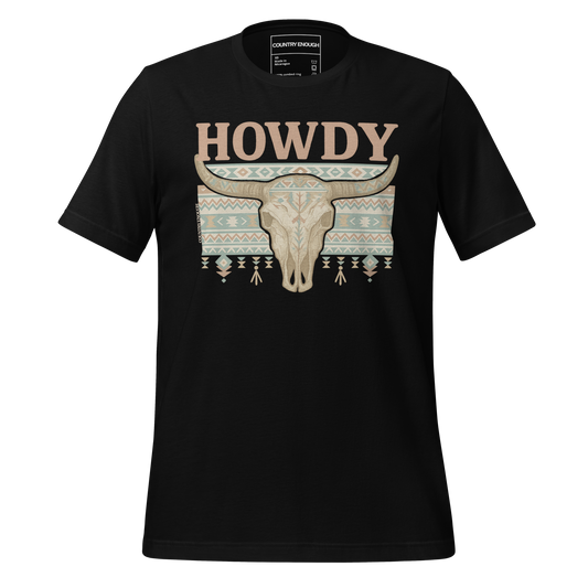 Black t-shirt with graphic of bull skull, aztec pattern, and words howdy across the top #black