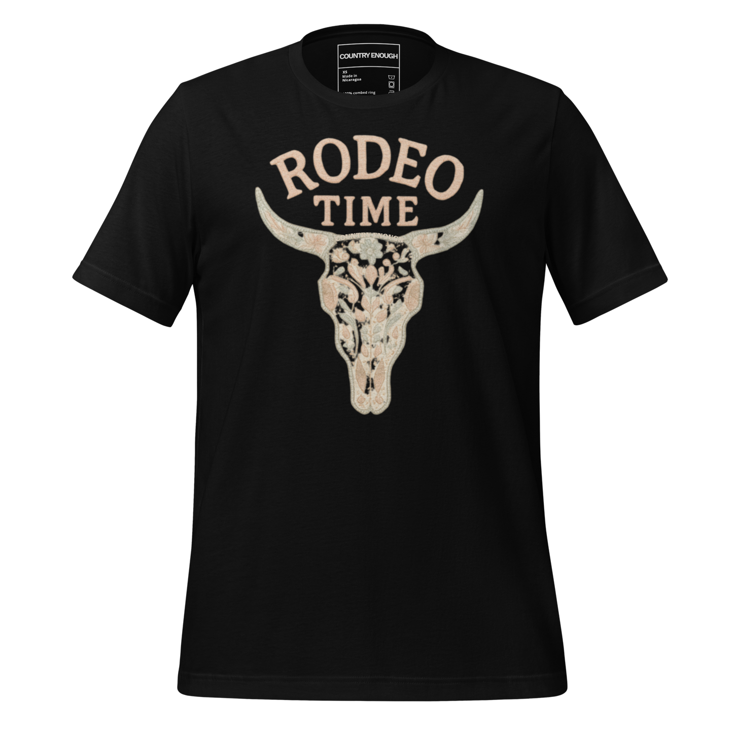 Black t-shirt with graphic of a bull skull filled with flower pattern and the words rodeo time above #black