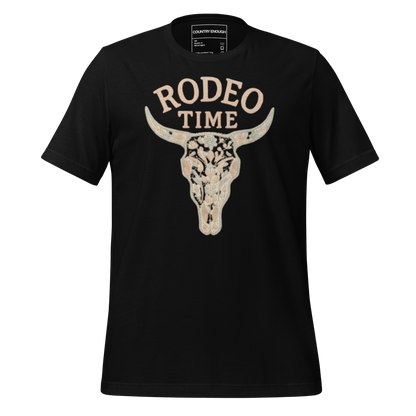 Black t-shirt with graphic of a bull skull filled with flower pattern and the words rodeo time above #black