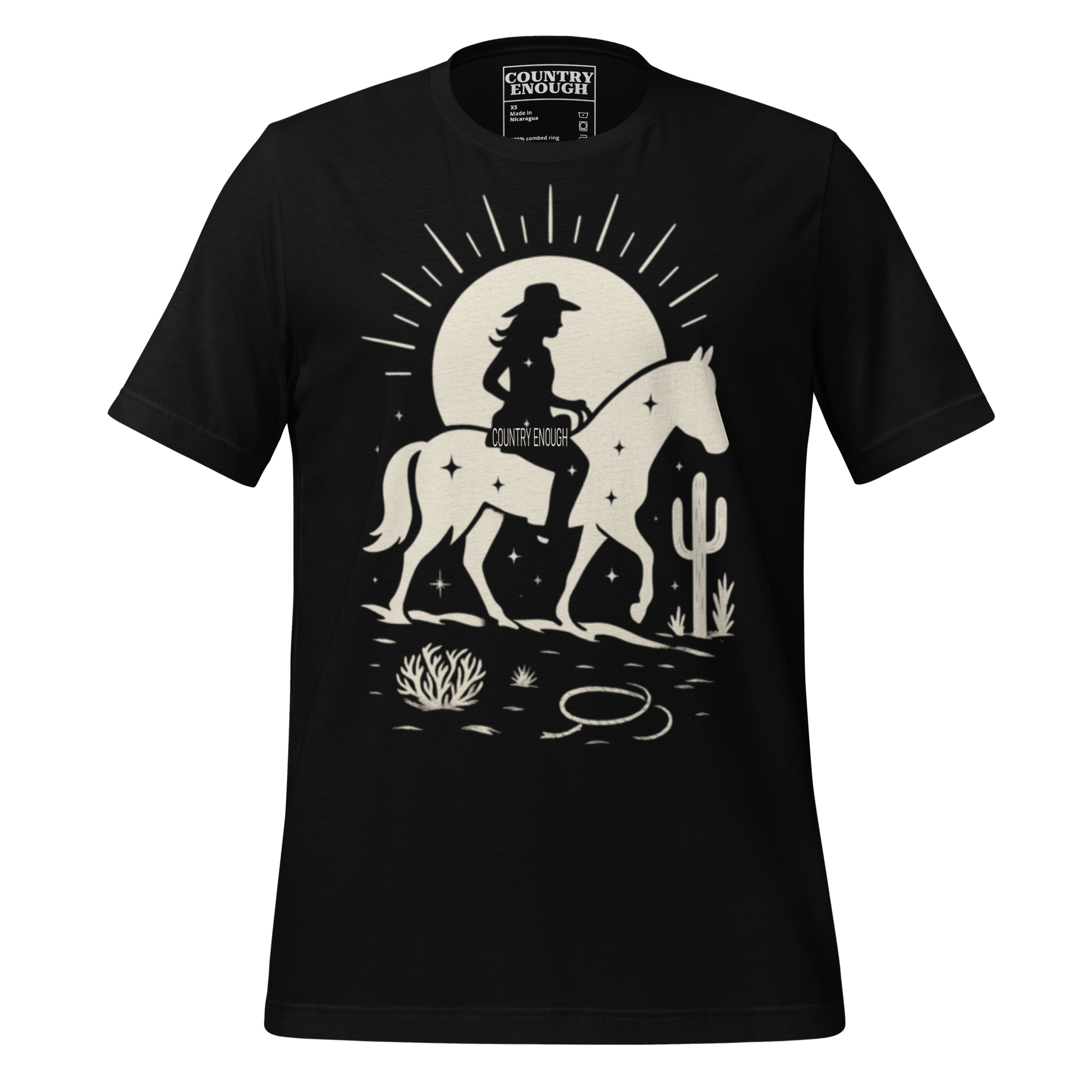 Black t-shirt with sun, horse, cowgirl, and desert landscape in monochrome graphic #black