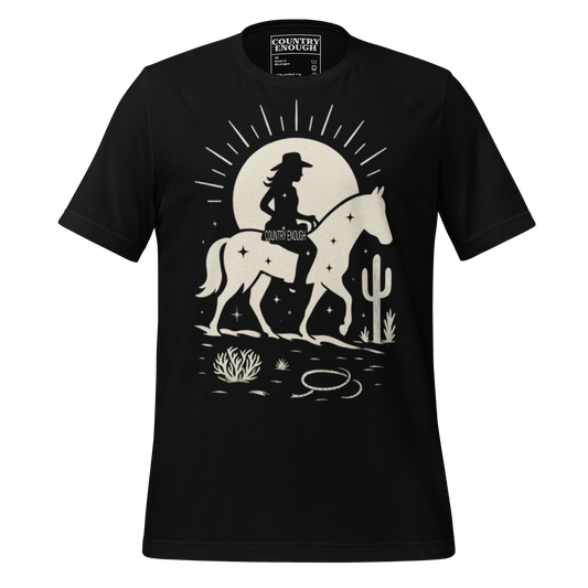 Black t-shirt with sun, horse, cowgirl, and desert landscape in monochrome graphic #black