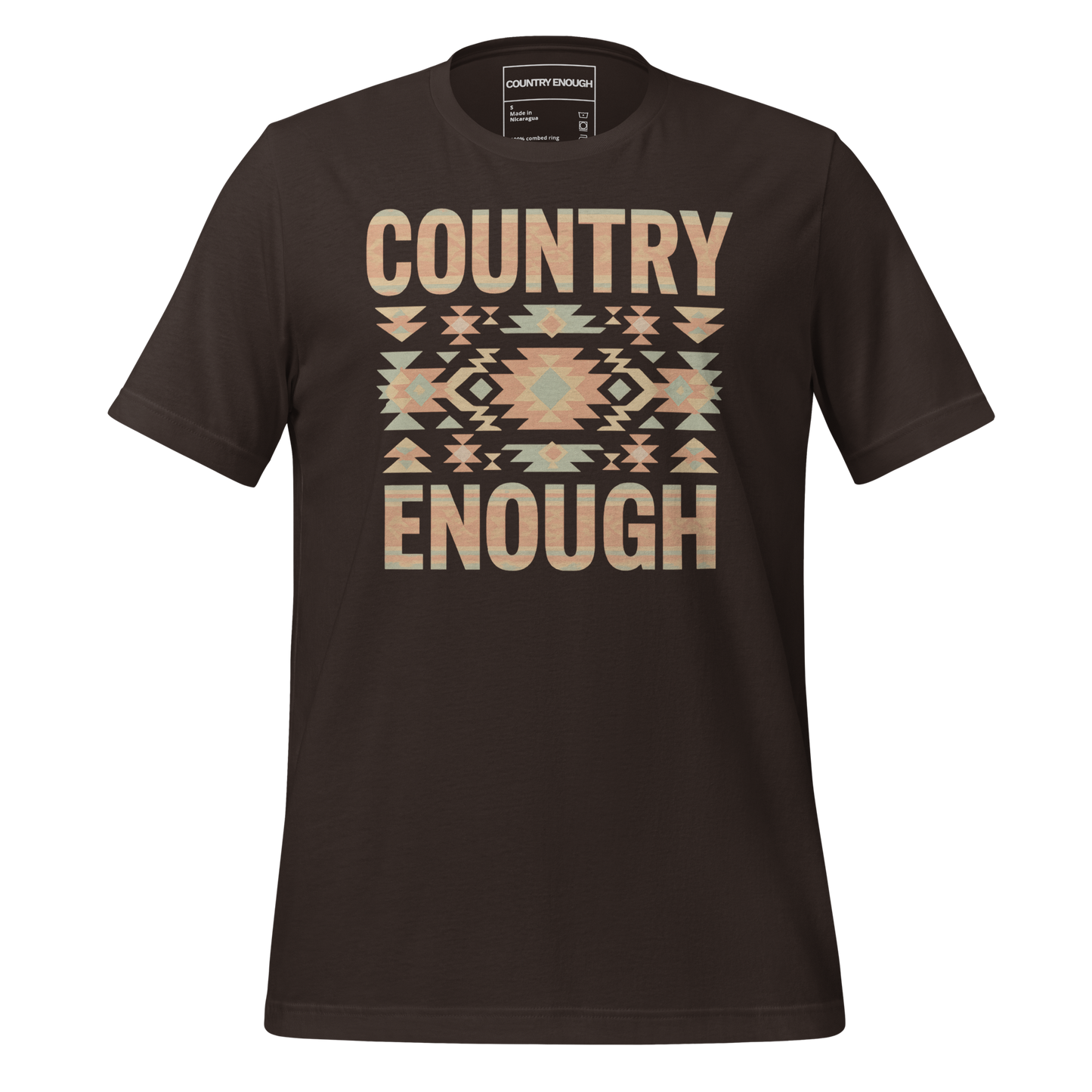 Dark Brown t-shirt with a stand alone aztec pattern and the pattern used as the color for the words country enough #darkbrown