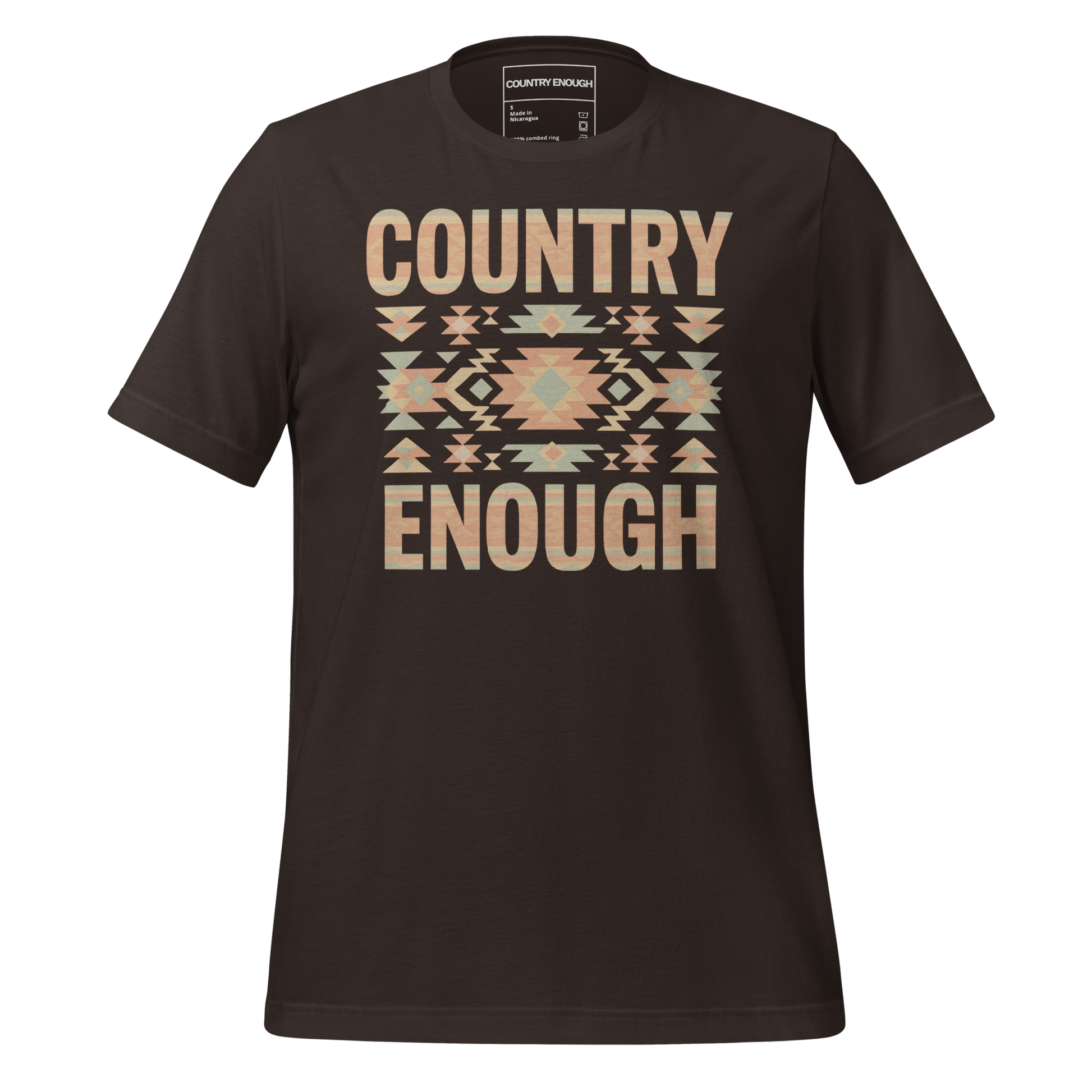 Dark Brown t-shirt with a stand alone aztec pattern and the pattern used as the color for the words country enough #darkbrown