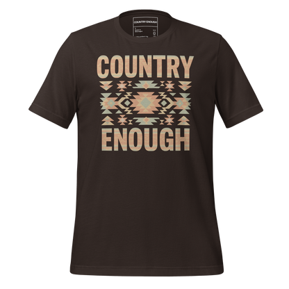 Dark Brown t-shirt with a stand alone aztec pattern and the pattern used as the color for the words country enough #darkbrown