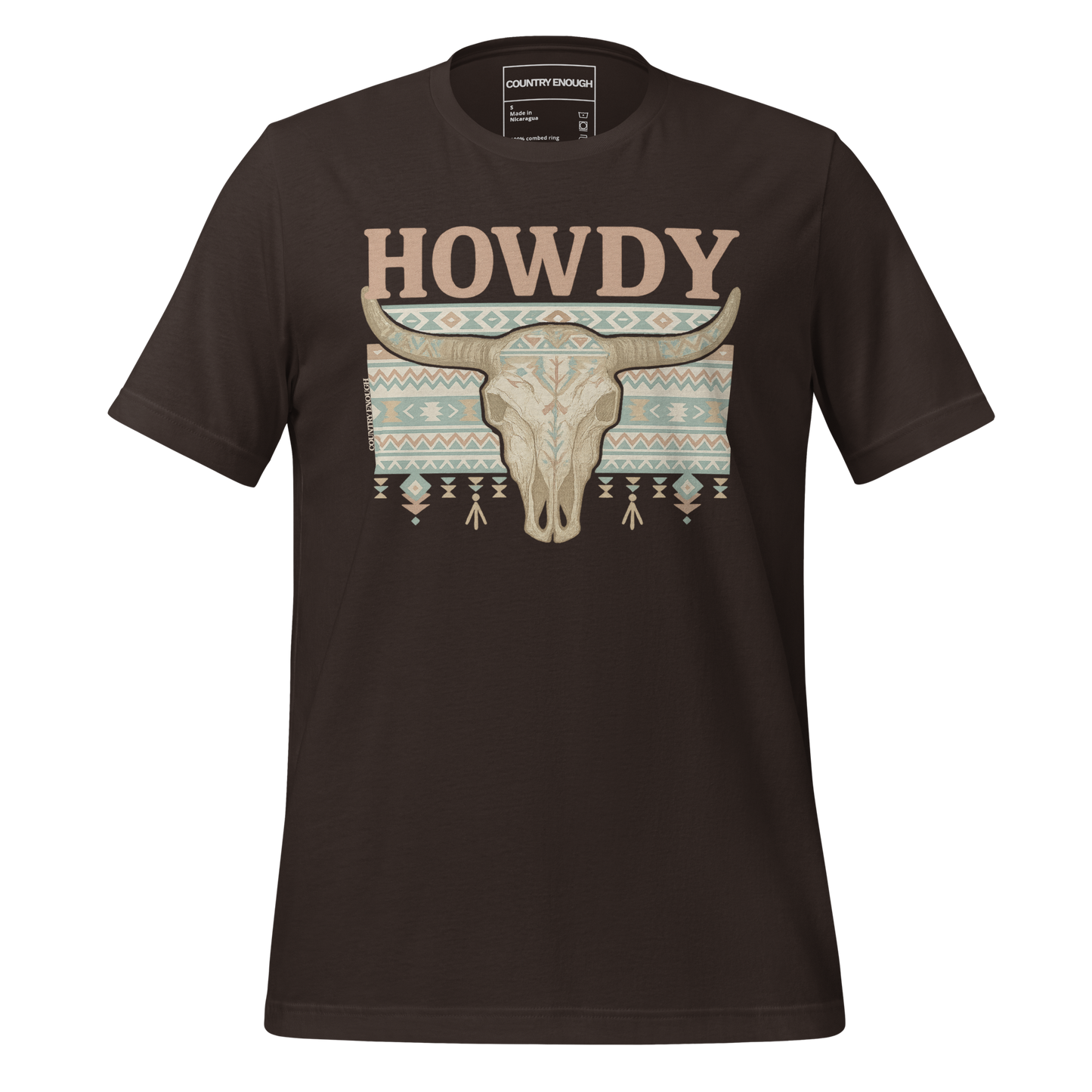Dark Brown t-shirt with graphic of bull skull, aztec pattern, and words howdy across the top #darkbrown