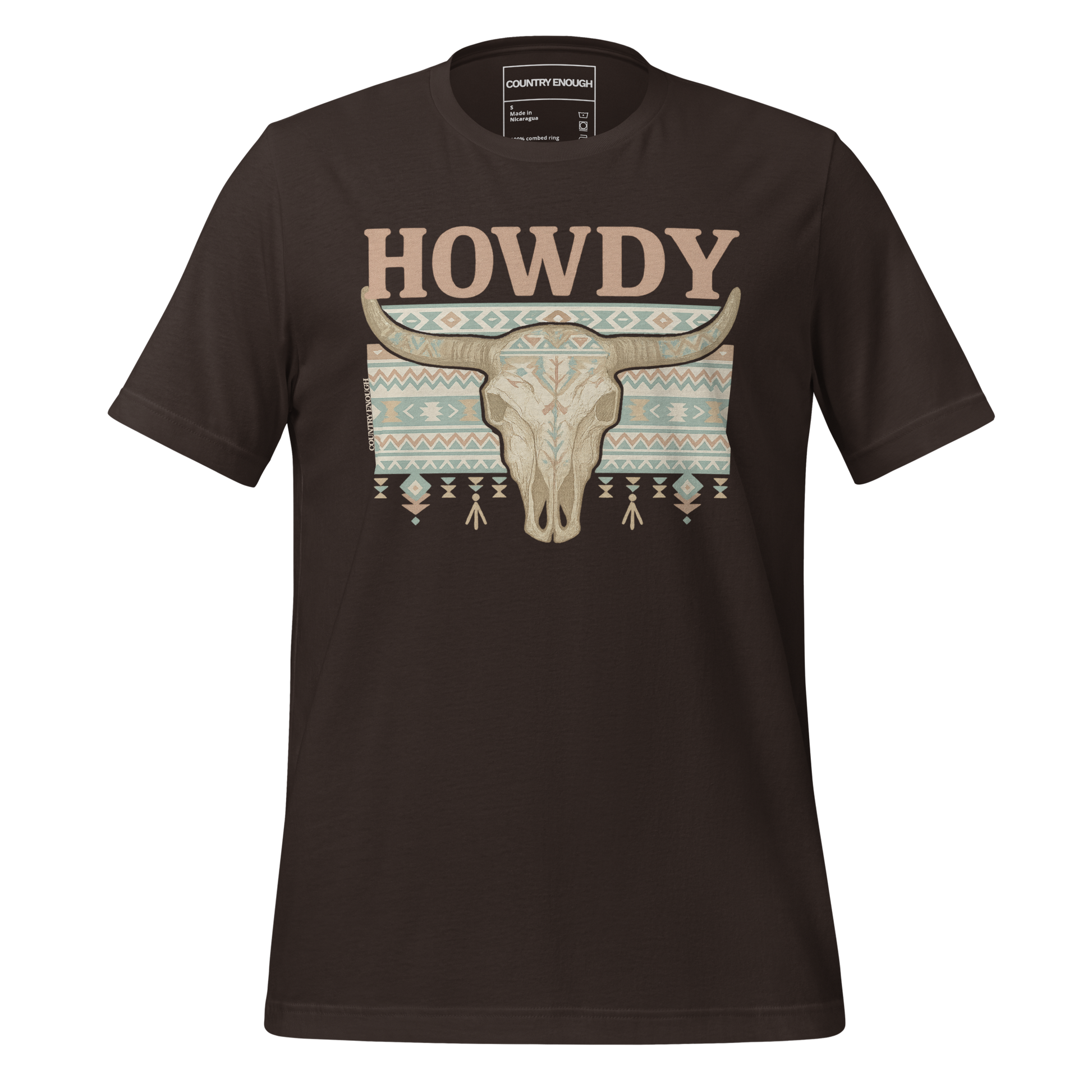Dark Brown t-shirt with graphic of bull skull, aztec pattern, and words howdy across the top #darkbrown