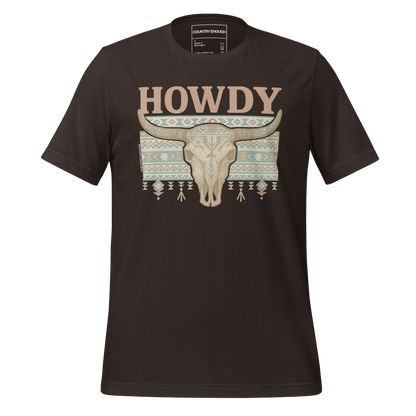 Dark Brown t-shirt with graphic of bull skull, aztec pattern, and words howdy across the top #darkbrown