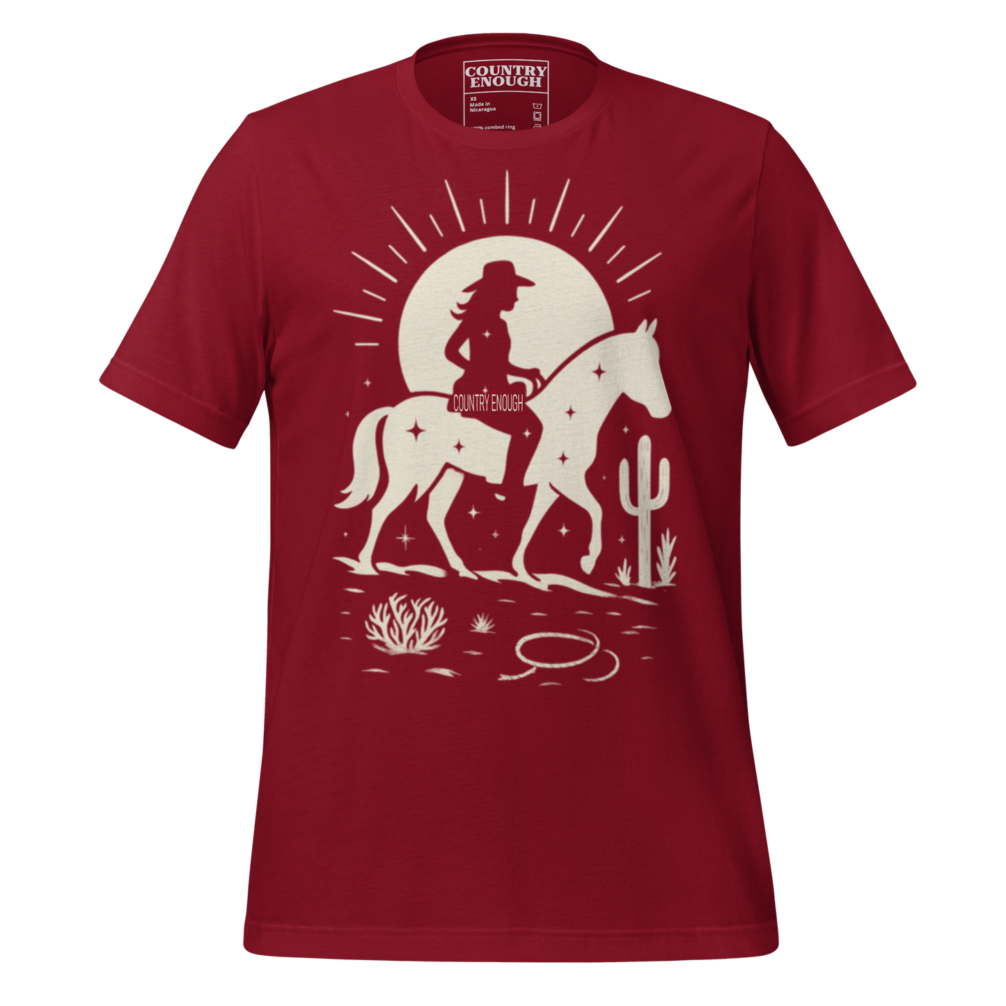Cardinal Red t-shirt with sun, horse, cowgirl, and desert landscape in monochrome graphic #cardinalred