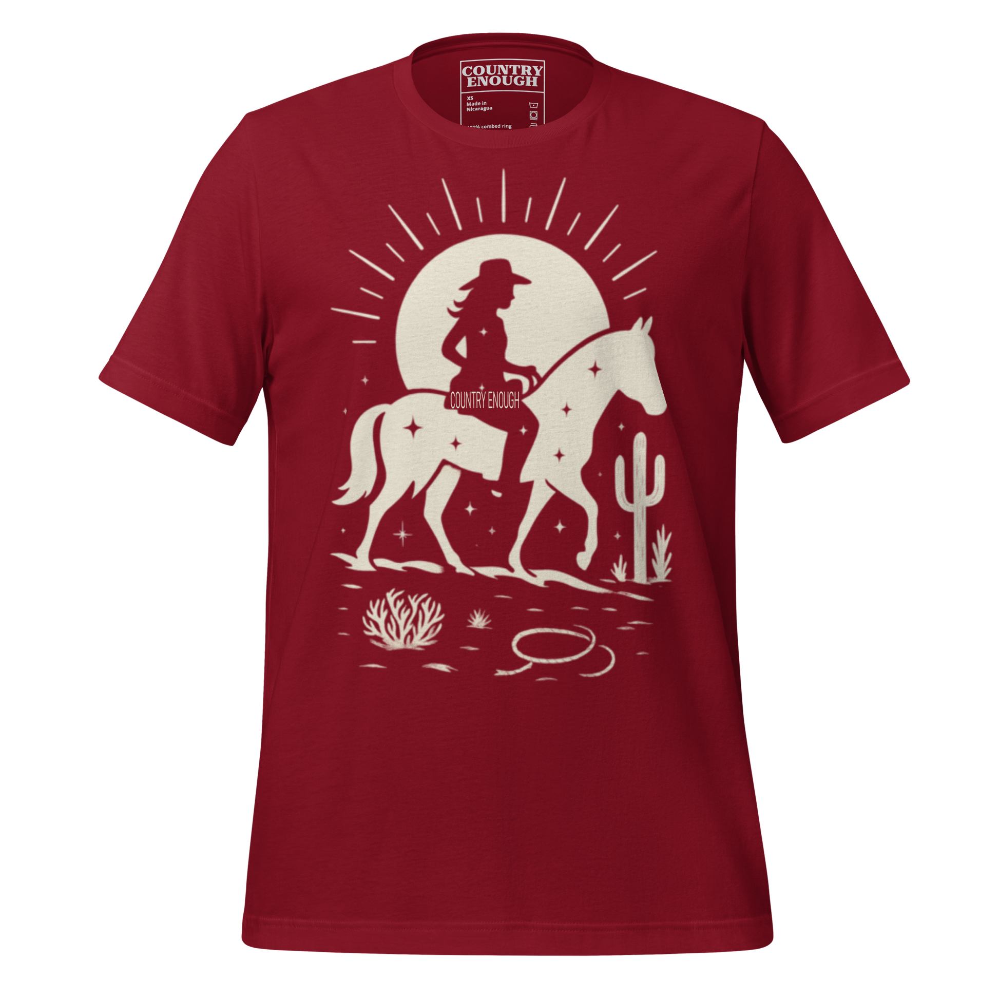Cardinal Red t-shirt with sun, horse, cowgirl, and desert landscape in monochrome graphic #cardinalred