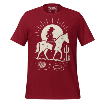 Cardinal Red t-shirt with sun, horse, cowgirl, and desert landscape in monochrome graphic #cardinalred