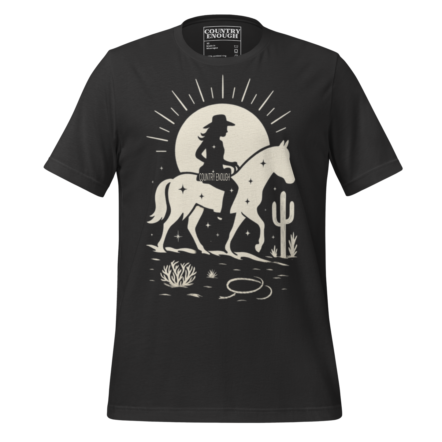Vintage Black t-shirt with sun, horse, cowgirl, and desert landscape in monochrome graphic #vintageblack
