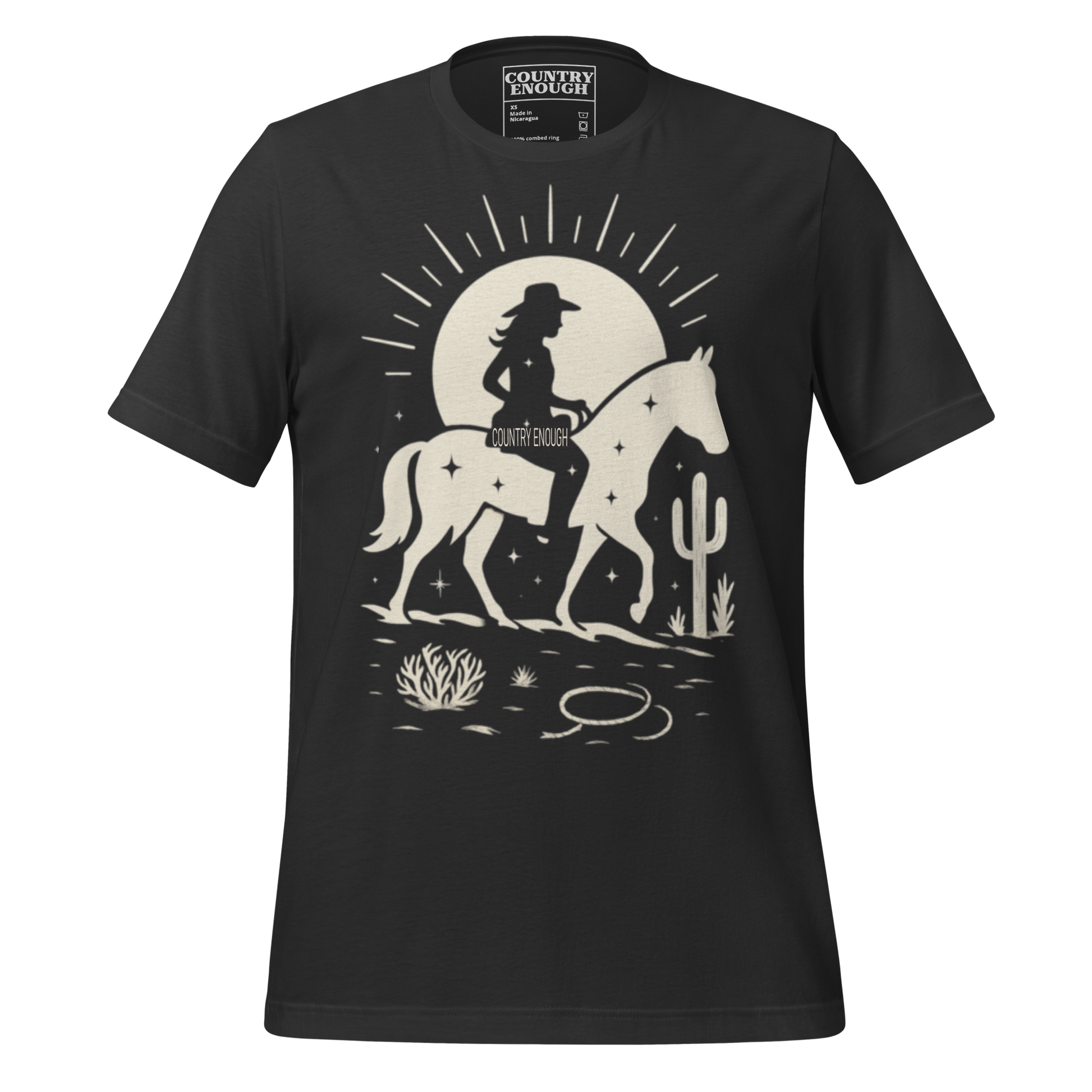 Vintage Black t-shirt with sun, horse, cowgirl, and desert landscape in monochrome graphic #vintageblack