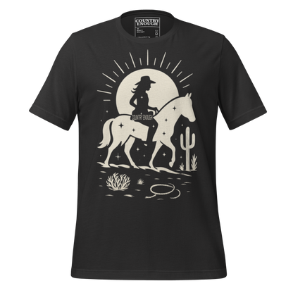 Vintage Black t-shirt with sun, horse, cowgirl, and desert landscape in monochrome graphic #vintageblack