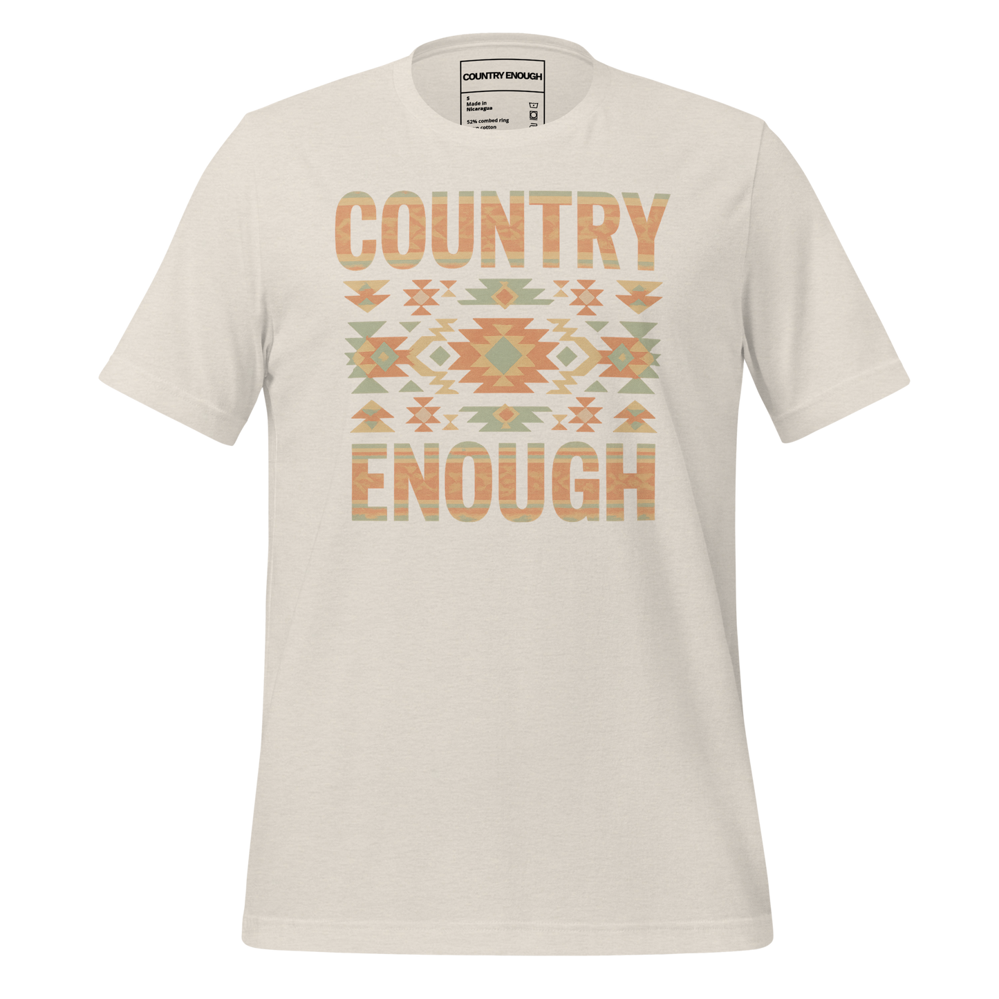 Heather Dust t-shirt with a stand alone aztec pattern and the pattern used as the color for the words country enough #heatherdust