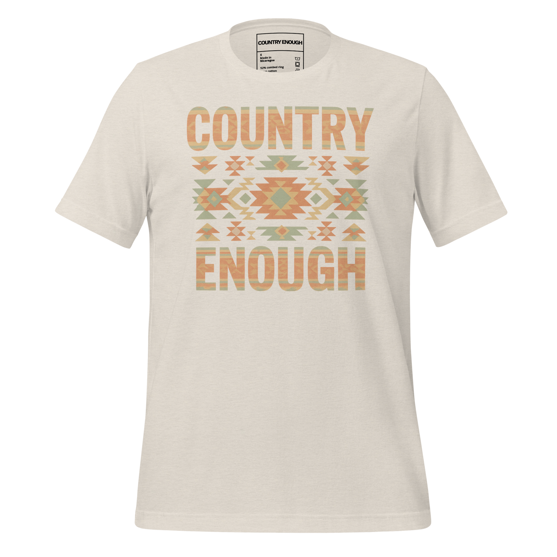 Heather Dust t-shirt with a stand alone aztec pattern and the pattern used as the color for the words country enough #heatherdust