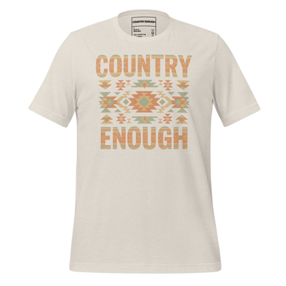 Heather Dust t-shirt with a stand alone aztec pattern and the pattern used as the color for the words country enough #heatherdust