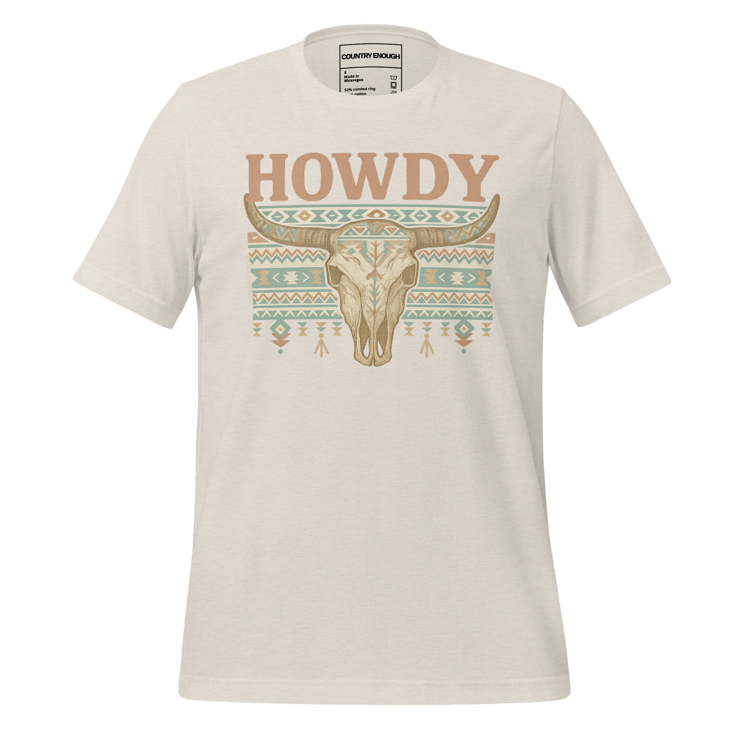 Heather Dust t-shirt with graphic of bull skull, aztec pattern, and words howdy across the top #heatherdust