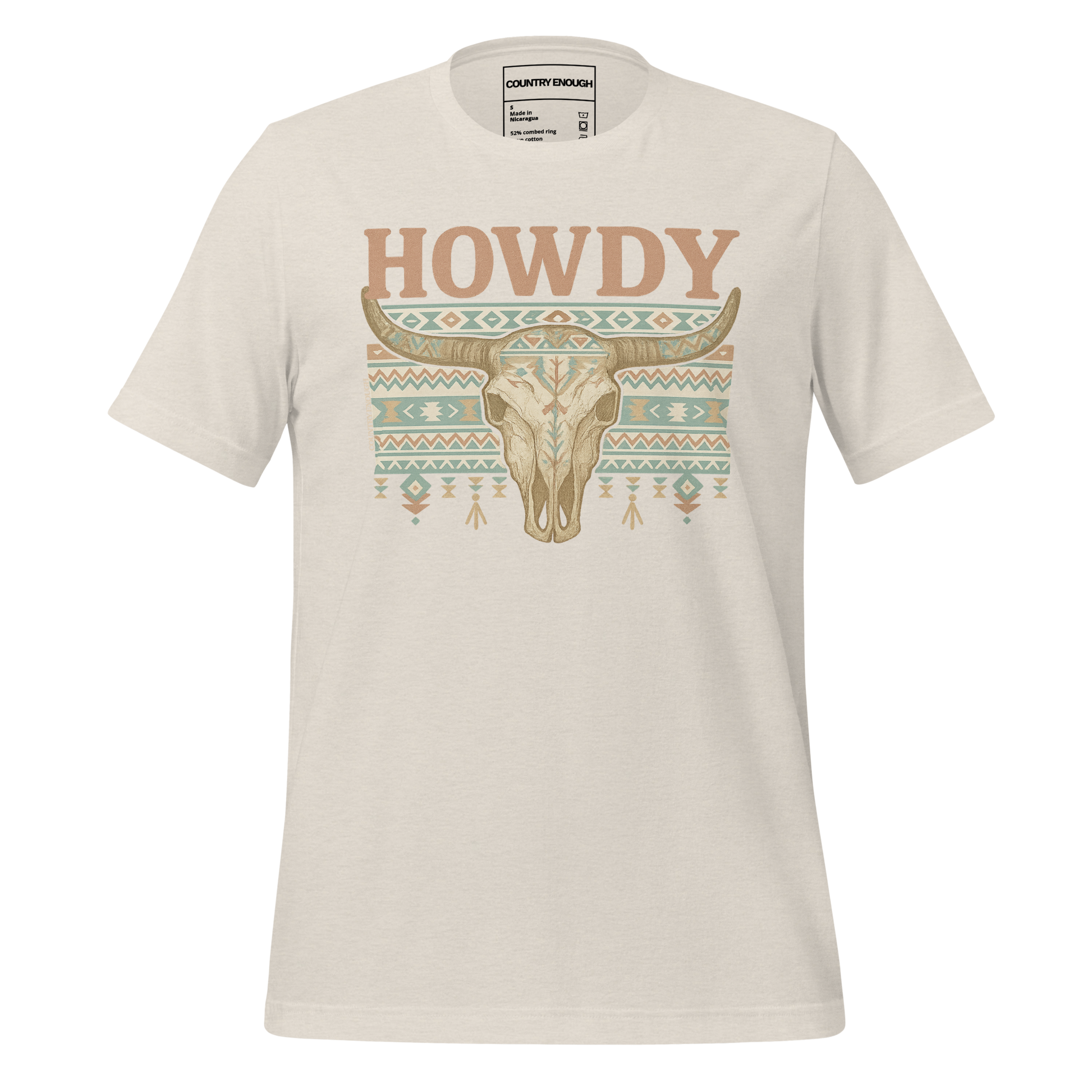 Heather Dust t-shirt with graphic of bull skull, aztec pattern, and words howdy across the top #heatherdust